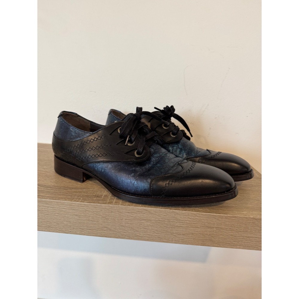 John Fluevog Rufus Magoo Cavalier Scalloped Eyelet Derby Shoes Blue Black Mens 9 - Picture 2 of 13